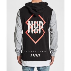 Nena Pasadena Tears Hooded Layered Hem T-Shirt Black/Grey Marle
