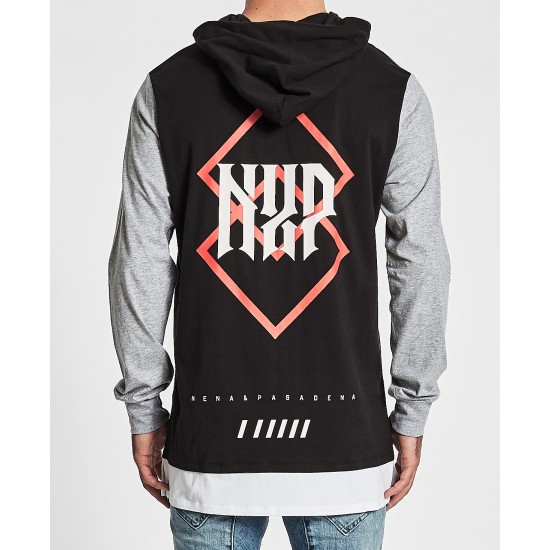Nena Pasadena Tears Hooded Layered Hem T-Shirt Black/Grey Marle